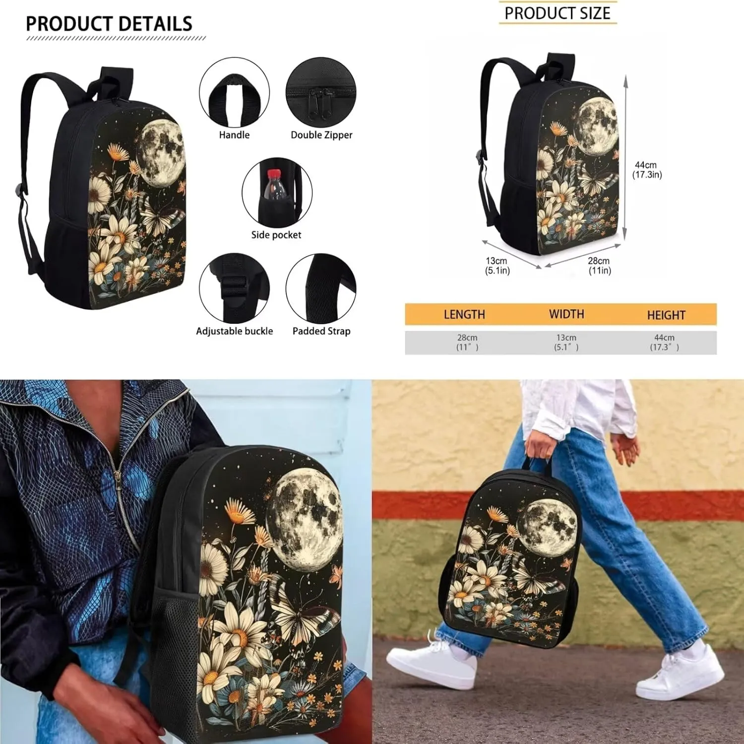 Retro Butterfly Backpacks for Kids Moon Aesthetic School Bag Set Large Capacity Daypack with Lunch Case and Pen Box Shoulder Bookl Bag Custom School Backpack for Primary Schools