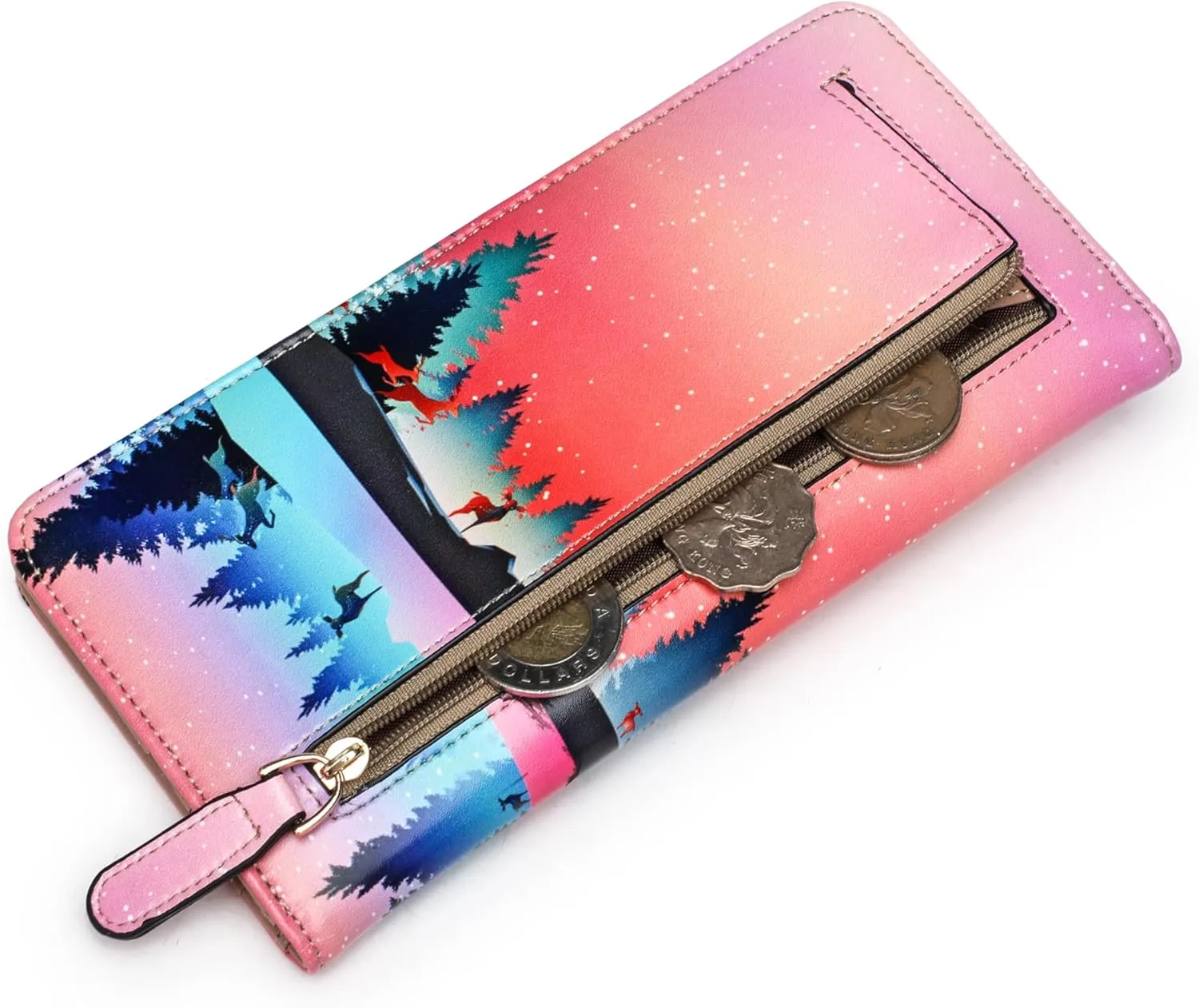Rfid Slim Wallet for Womens Thin Card Holder Travel Wallet Bifold Clutch Long Ladies Billfold Aurora Elk