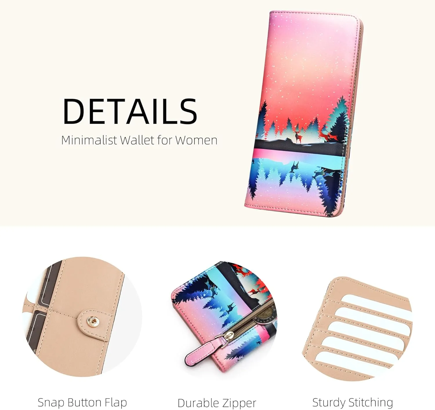 Rfid Slim Wallet for Womens Thin Card Holder Travel Wallet Bifold Clutch Long Ladies Billfold Aurora Elk