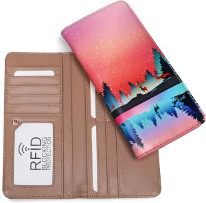 Rfid Slim Wallet for Womens Thin Card Holder Travel Wallet Bifold Clutch Long Ladies Billfold Aurora Elk