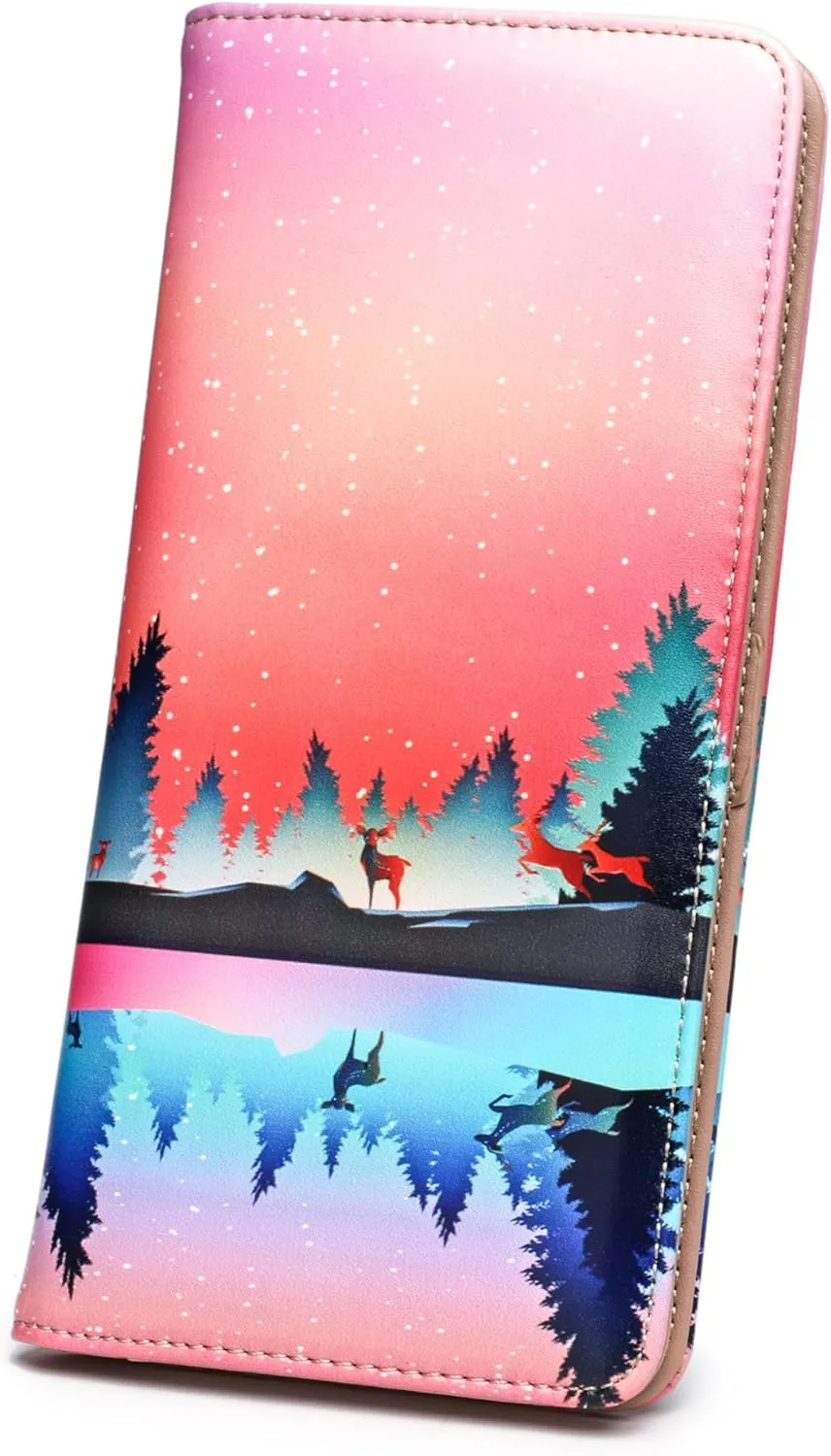 Rfid Slim Wallet for Womens Thin Card Holder Travel Wallet Bifold Clutch Long Ladies Billfold Aurora Elk