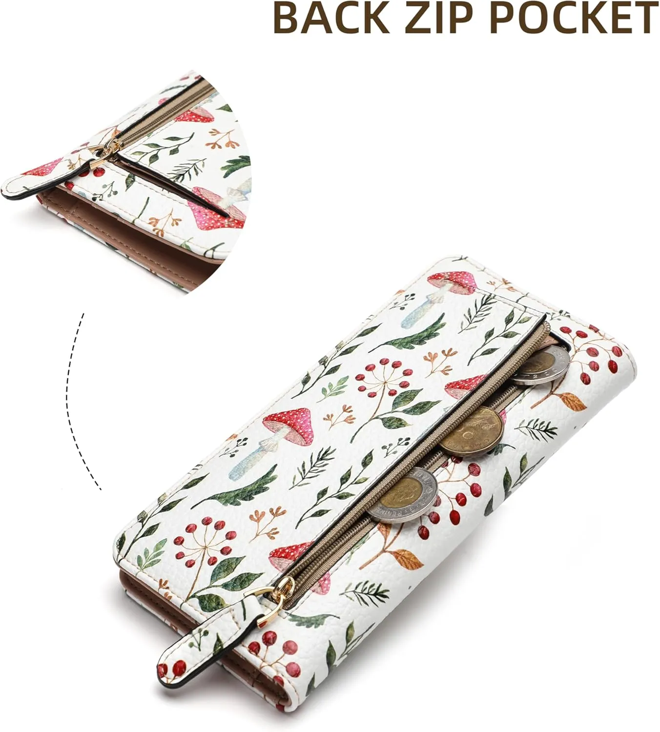 Rfid Slim Wallet for Womens Thin Card Holder Travel Wallet Bifold Clutch Long Ladies Billfold (mushroom)