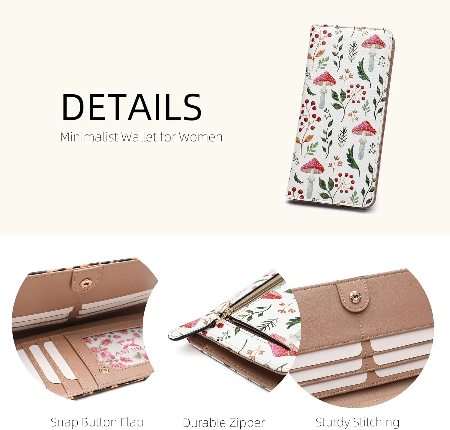 Rfid Slim Wallet for Womens Thin Card Holder Travel Wallet Bifold Clutch Long Ladies Billfold (mushroom)
