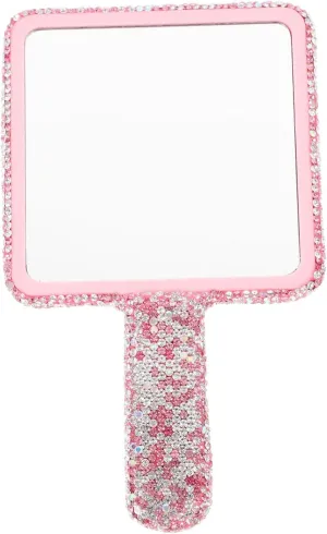 Rhinestone Handheld Makeup Mirror Square Cosmetic Mirror with Comfortable Handle Lightweight Portable Design for Women Friends Family