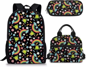 Rnyleeg Cute Rainbow Backpack for Girls Boys Preschool Elementary Bookbag Floral Frog Schoolbag and Lunch Bag Pencil Holder Set