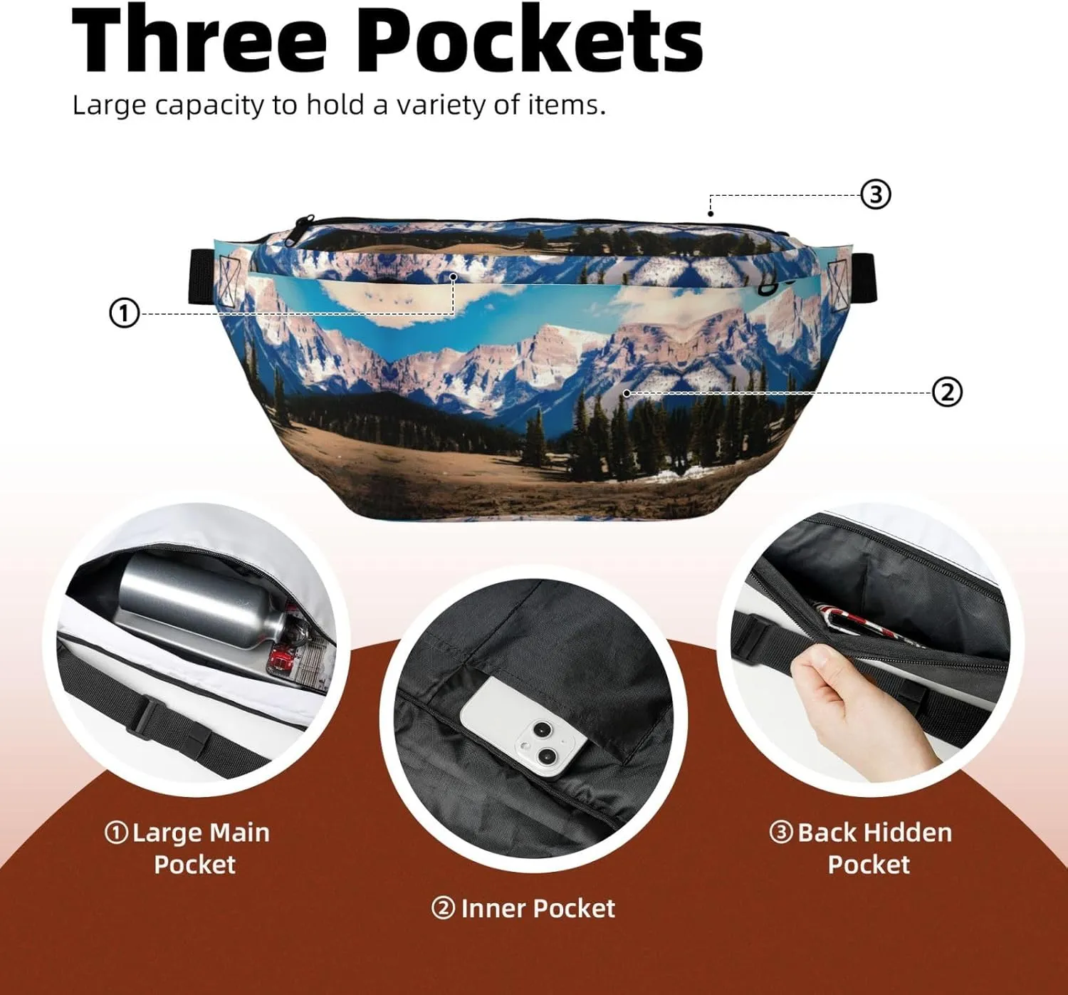 Rocky Mountains Multi-Purpose Fanny Pack and Crossbody Bag - High Capacity with Zipper Pockets, Ideal for Men and Women