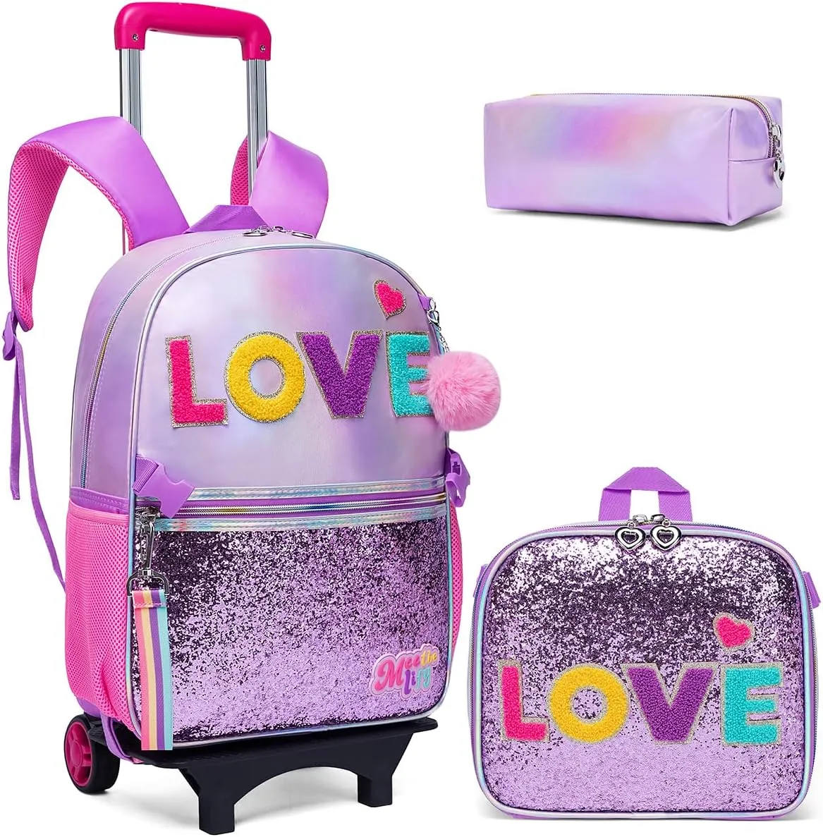 Rolling Backpack for Girls Backpack with Wheels Rolling Casual Kids Backpacks with Wheels for Elementary Students School Backpack with Wheels with Lunch Box