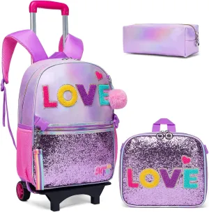 Rolling Backpack for Girls Backpack with Wheels Rolling Casual Kids Backpacks with Wheels for Elementary Students School Backpack with Wheels with Lunch Box
