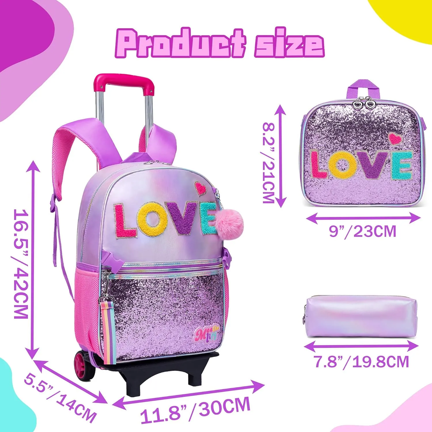 Rolling Backpack for Girls Backpack with Wheels Rolling Casual Kids Backpacks with Wheels for Elementary Students School Backpack with Wheels with Lunch Box
