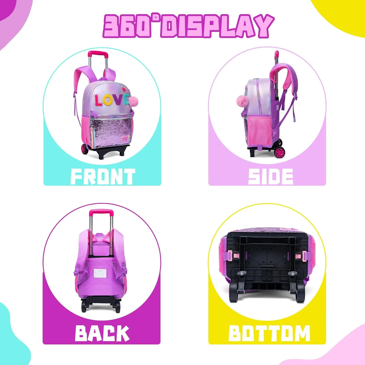 Rolling Backpack for Girls Backpack with Wheels Rolling Casual Kids Backpacks with Wheels for Elementary Students School Backpack with Wheels with Lunch Box