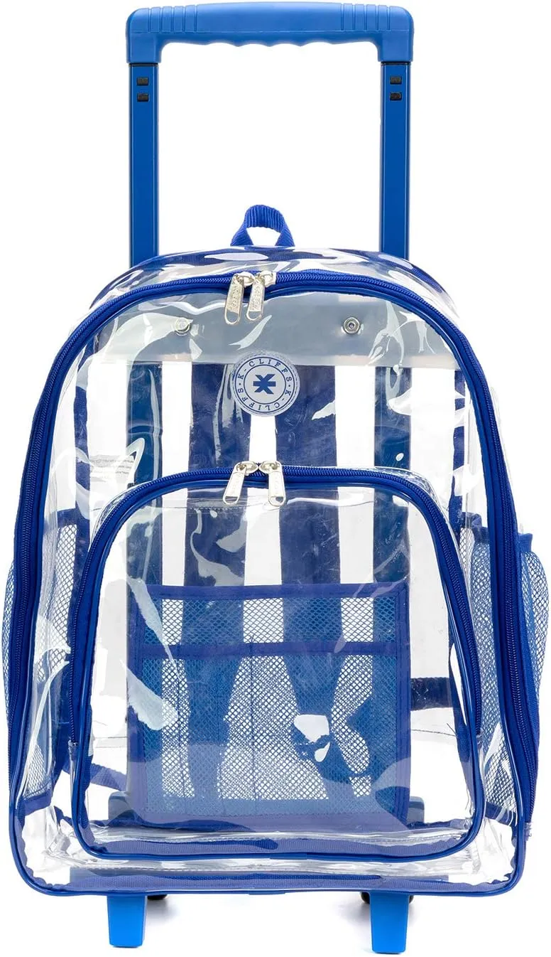 Rolling Clear Backpack Heavy Duty Bookbag Quality See Through Workbag Travel Daypack Transparent School Book Bags with Wheels Royal Blue