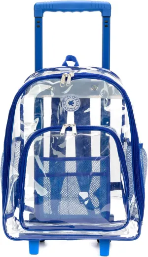 Rolling Clear Backpack Heavy Duty Bookbag Quality See Through Workbag Travel Daypack Transparent School Book Bags with Wheels Royal Blue