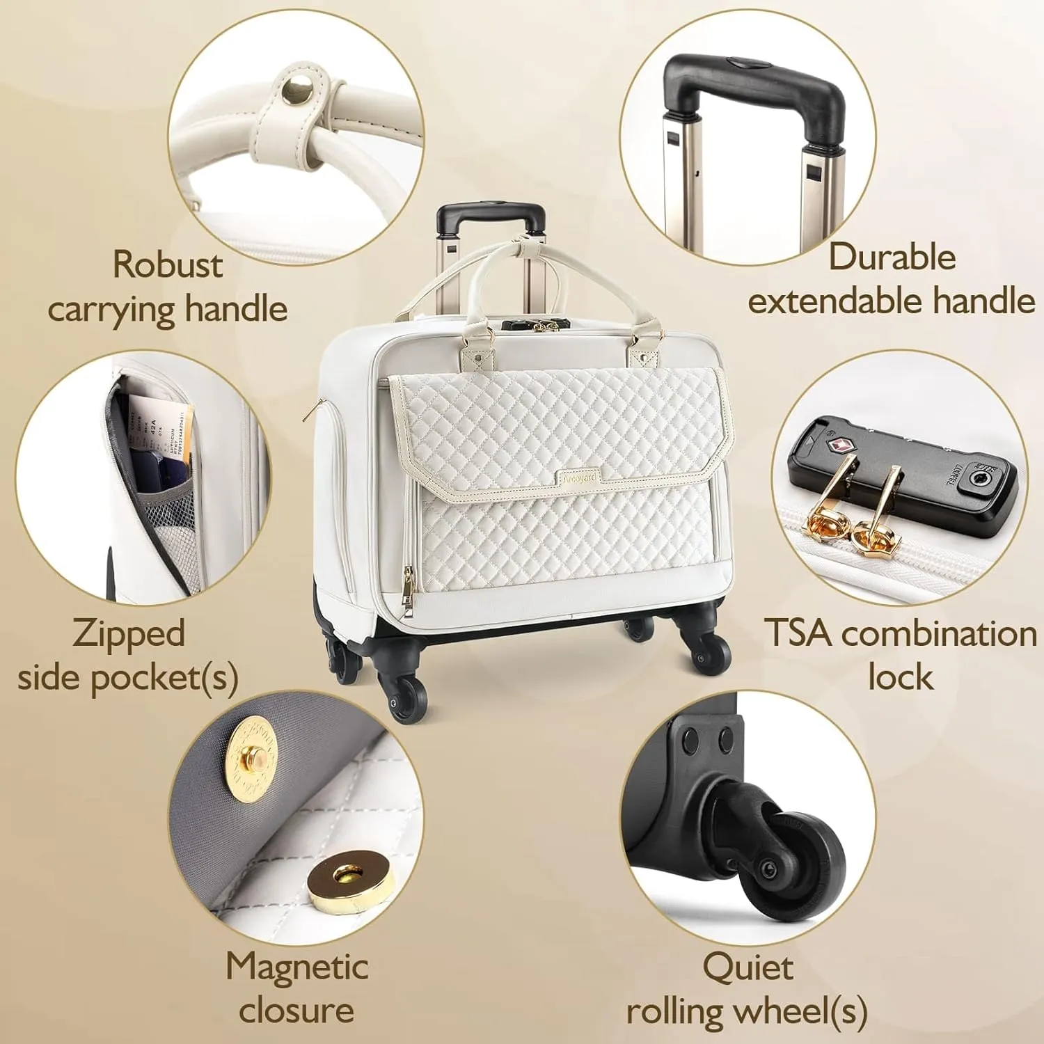 Rolling Laptop Bag, Briefcase for Women and Men with 4 Spinner Wheels and Handle, Roller Computer Bag for Work Travel Carry On, TSA Friendly Design, Beige