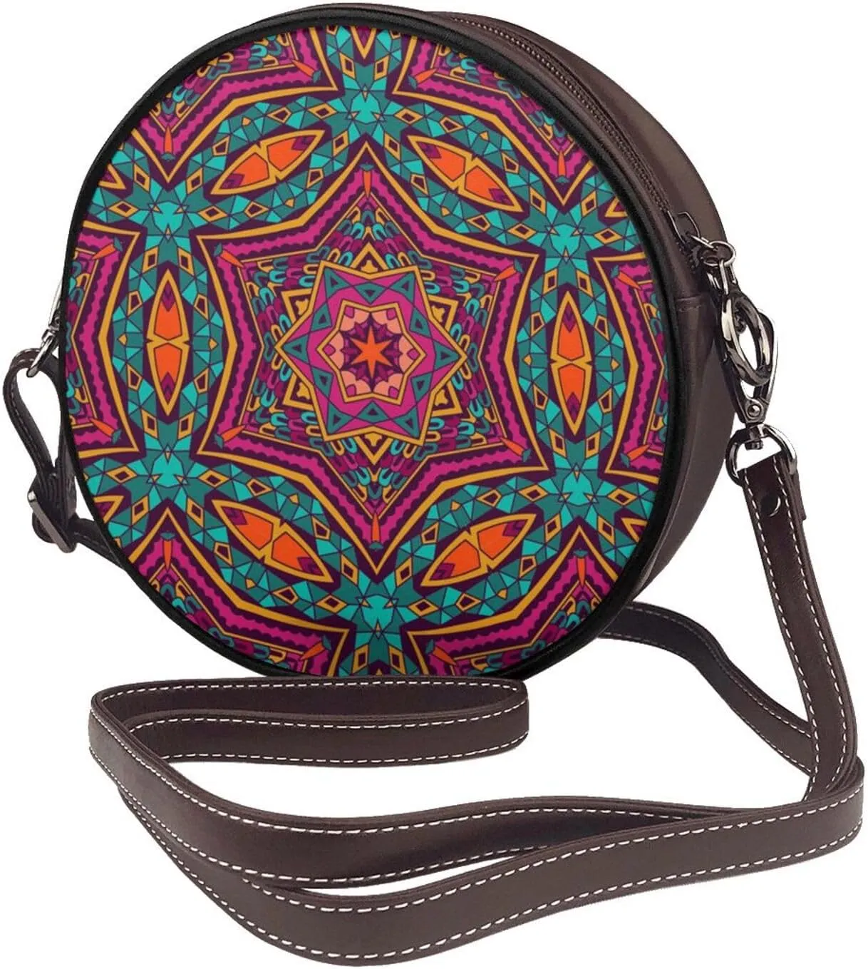 Round Crossbody Bags for Women and Purses, PU Leather Handbag Wristlet Circle Bag