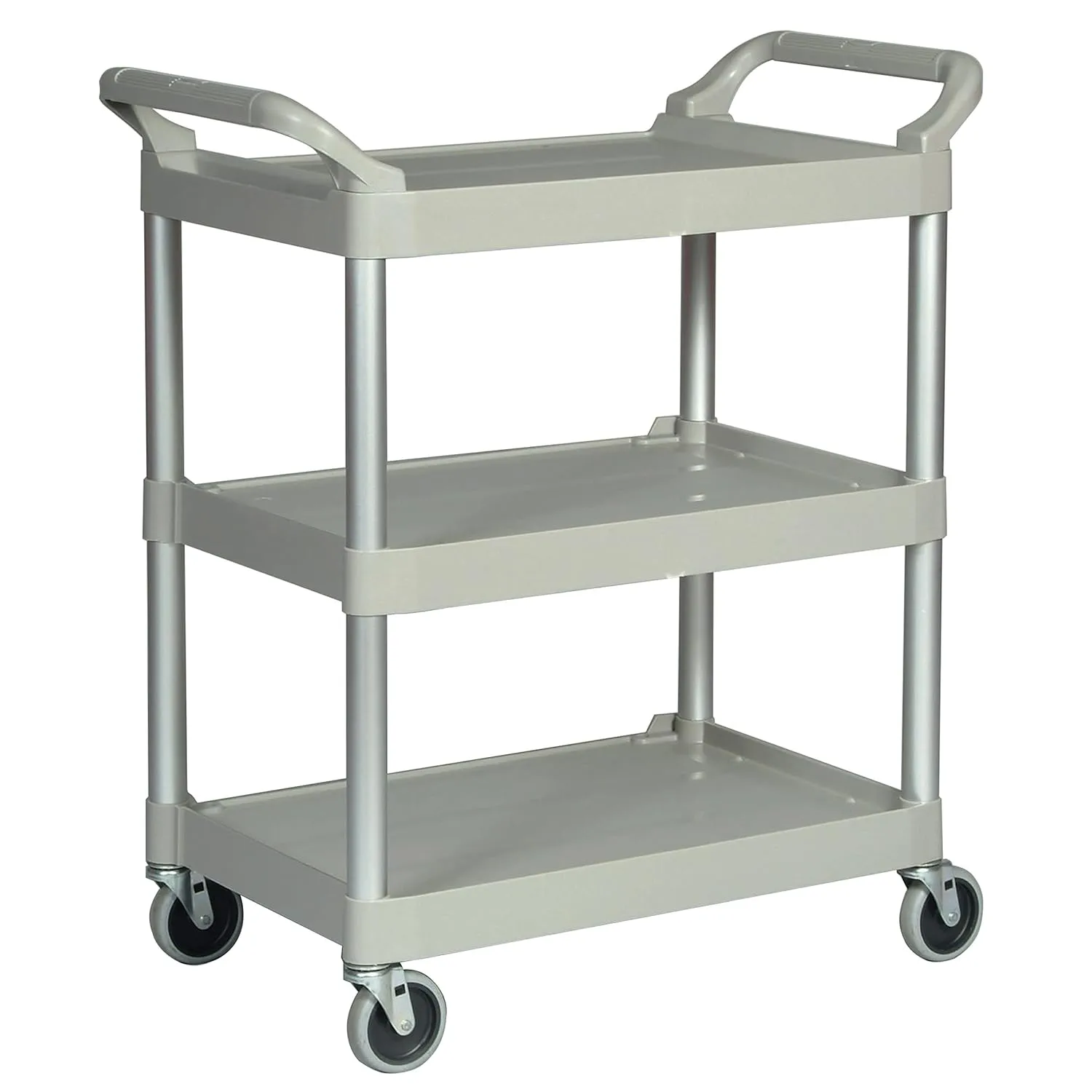 Rubbermaid Commercial Products Heavy Duty 3-Shelf Rolling Service/Utility/Push Cart, 200 lbs. Capacity, Platinum, for Foodservice/Restaurant/Cleaning/Warehouse/Garage