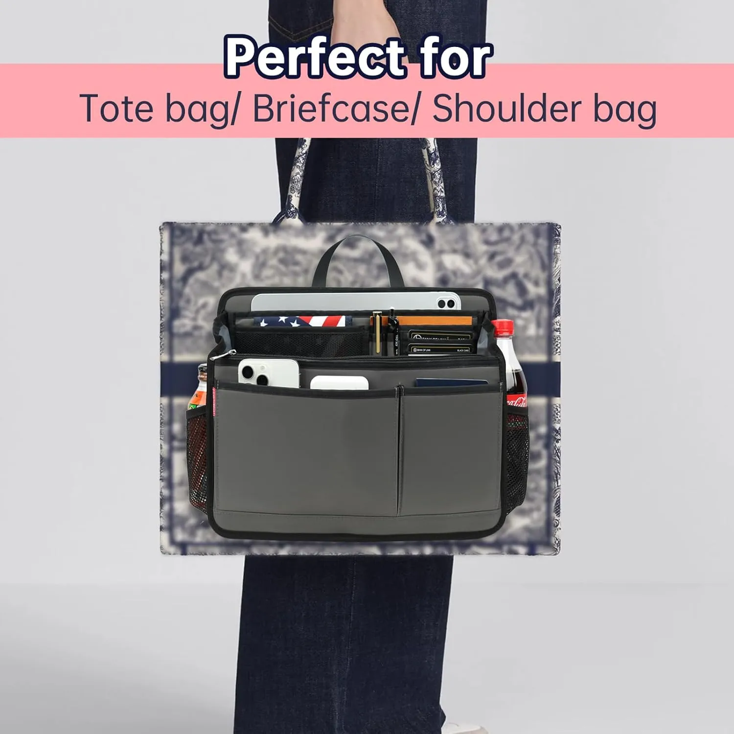 Rugged Organizer Insert for Briefcase Tote Shoulder Messenger Bag - 20 Pockets,Durable Padded Nylon,Handle(Large,Blue)