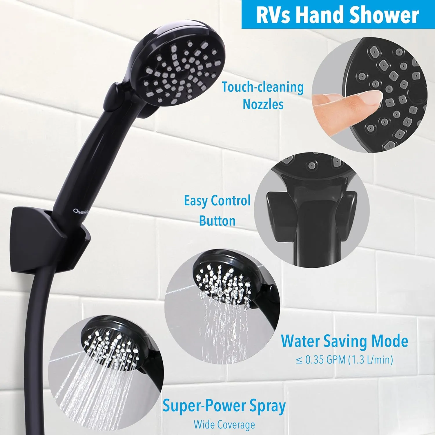 RV Shower Head with Hose and On Off Switch (Trickle), Water Saving High Pressure Shower Head with Hose Guide Ring, Shower Holder for RV, Camper, Van, Travel Trailer, Motorhome, Boat, Black