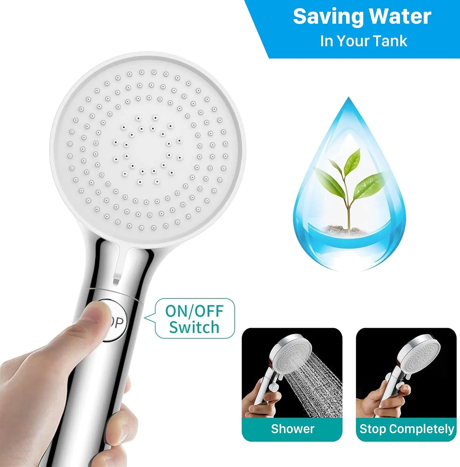 RV Shower Head with Hose, High Pressure Shower Head with Handheld On Off Switch, Travel Trailer, Motorhome and Boat and Camper Must Have RV Accessories Replacement Part, Chrome and White