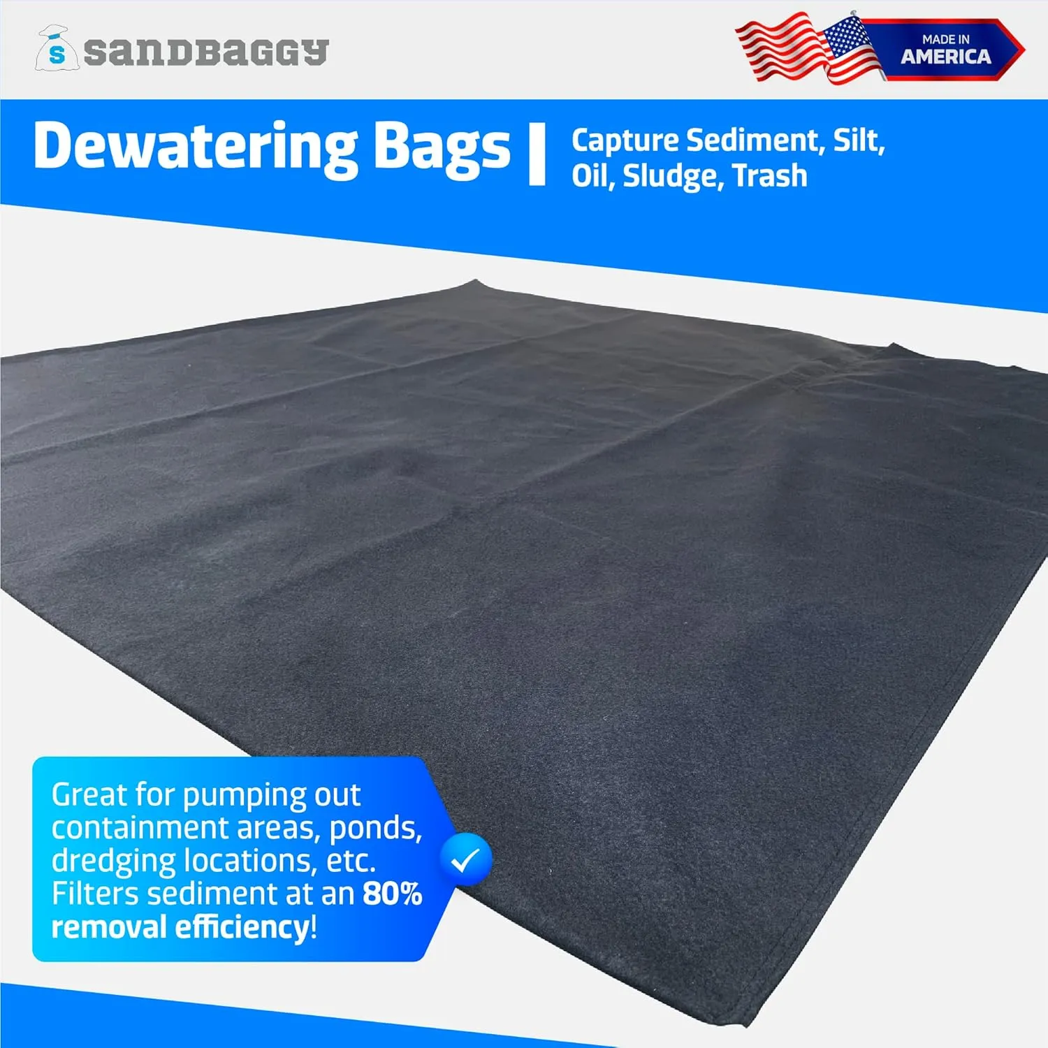 Sandbaggy Dewatering Bags - Made in America - Filters Sediment, Silt, Oil, Sludge - Use for Construction Sites, Dredging - Material: Non Woven Geotextile Fabric (6 ft x 6 ft, 1)