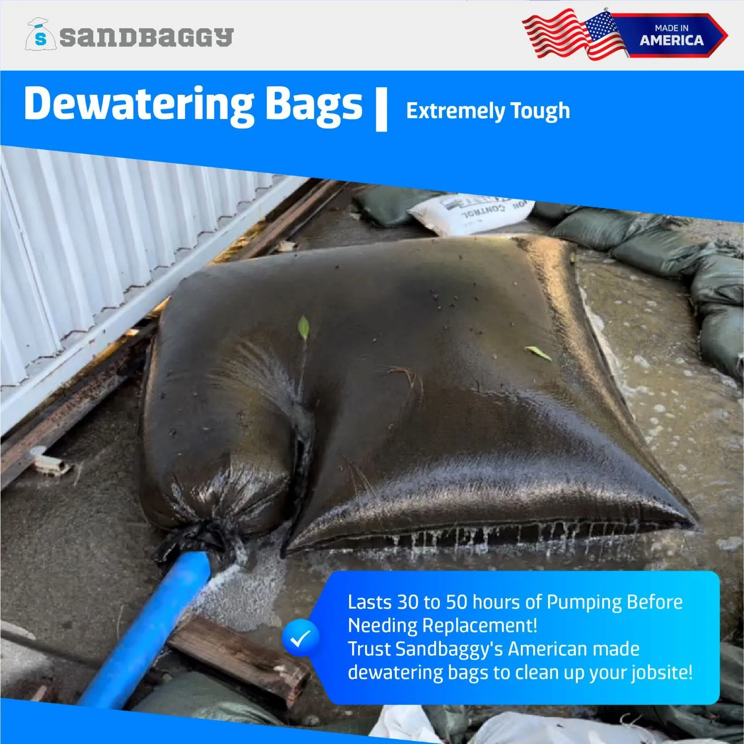 Sandbaggy Dewatering Bags - Made in America - Filters Sediment, Silt, Oil, Sludge - Use for Construction Sites, Dredging - Material: Non Woven Geotextile Fabric (6 ft x 6 ft, 1)