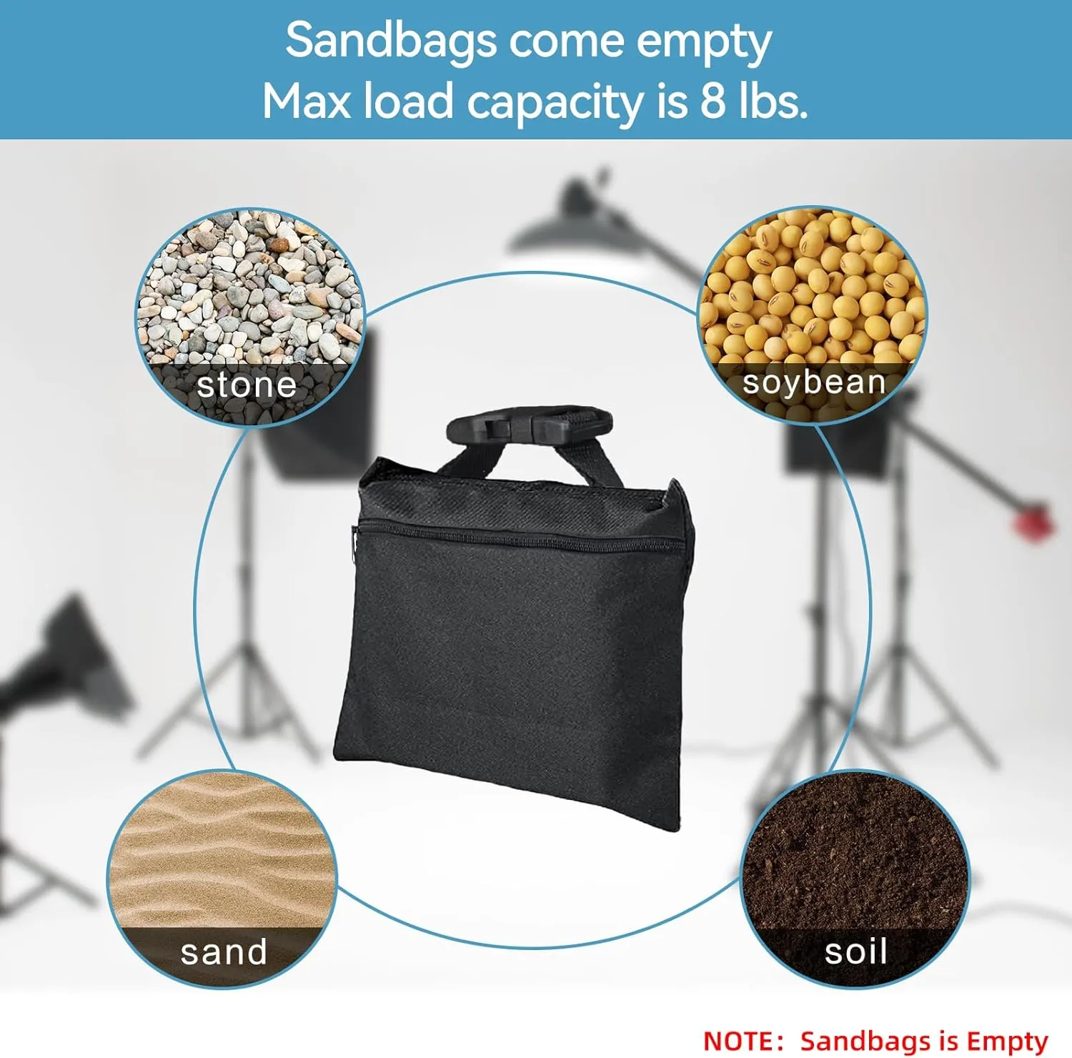 Sandbags 4 Packs with 4 PE Bags, Heavy Duty Sand Bags, Sand Bags for Weight with Zipper and Buckle Straps for Support Light Stand, More 2/4/6/8/10/12 Packs Sand Bag to Choose.