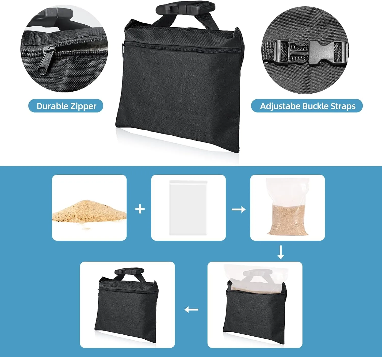 Sandbags 4 Packs with 4 PE Bags, Heavy Duty Sand Bags, Sand Bags for Weight with Zipper and Buckle Straps for Support Light Stand, More 2/4/6/8/10/12 Packs Sand Bag to Choose.