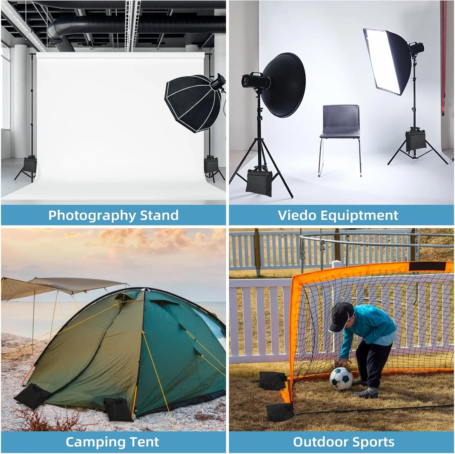 Sandbags 4 Packs with 4 PE Bags, Heavy Duty Sand Bags, Sand Bags for Weight with Zipper and Buckle Straps for Support Light Stand, More 2/4/6/8/10/12 Packs Sand Bag to Choose.