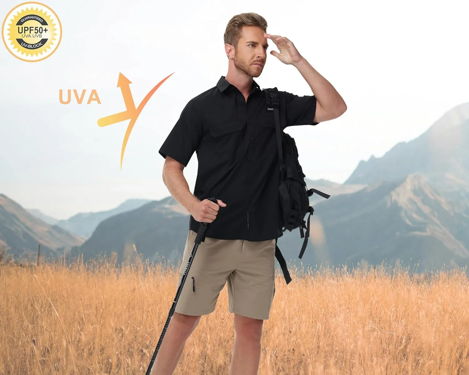 Satankud Fishing Shirts for Men Short Sleeve Sun Protection Cooling Hiking Shirt for Travel Safari Camping Work