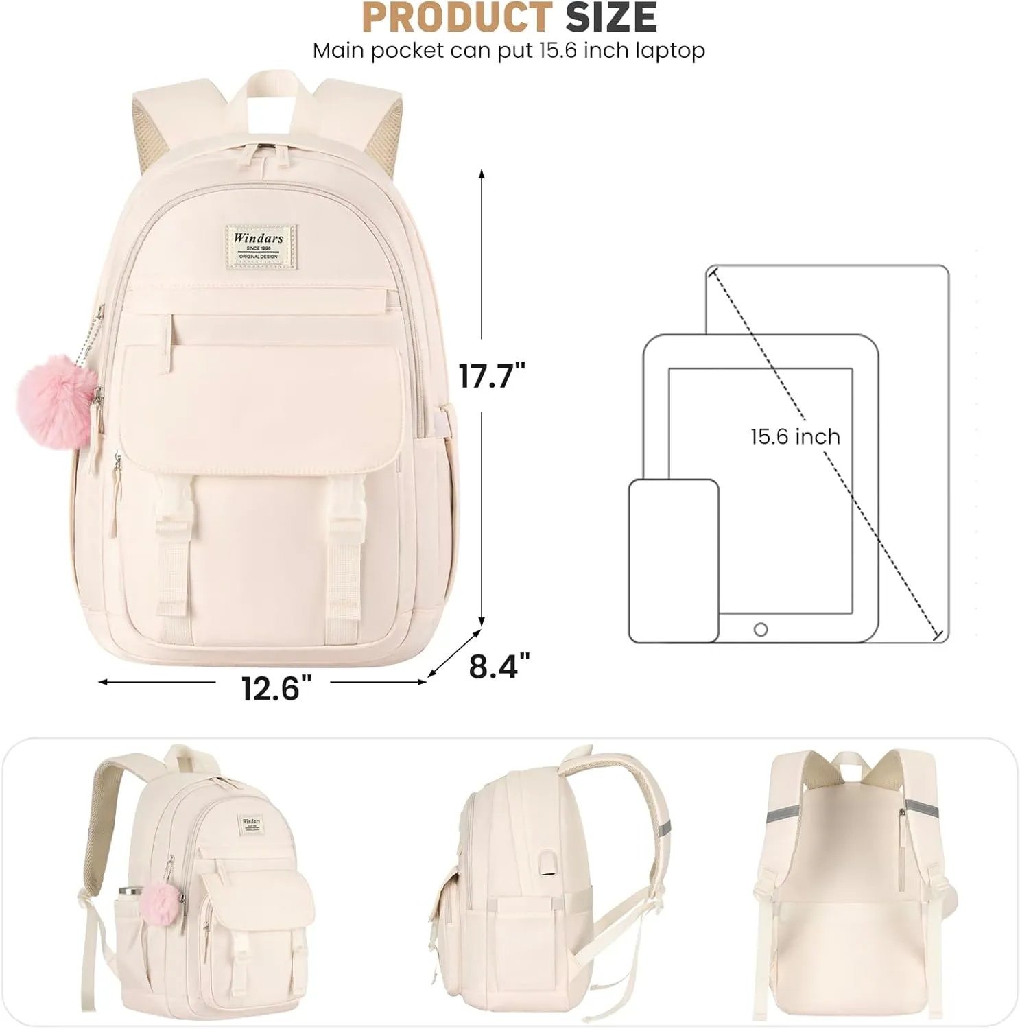 School Backpack for Teen Girls, Cute College Backpacks for Women Students Aesthetic Bookbag Large 15.6 Inch Laptop Bag Middle School Travel Back Pack (Beige)