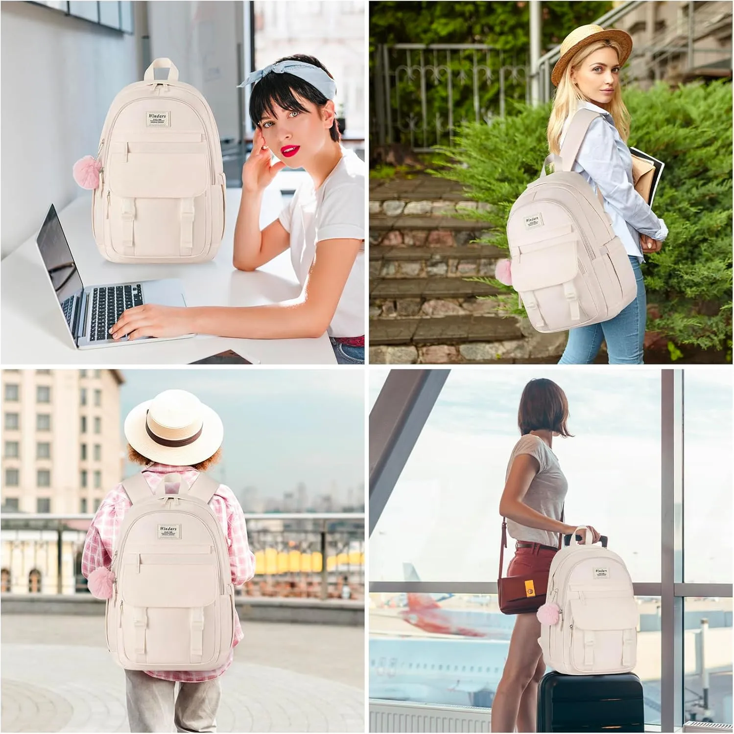 School Backpack for Teen Girls, Cute College Backpacks for Women Students Aesthetic Bookbag Large 15.6 Inch Laptop Bag Middle School Travel Back Pack (Beige)