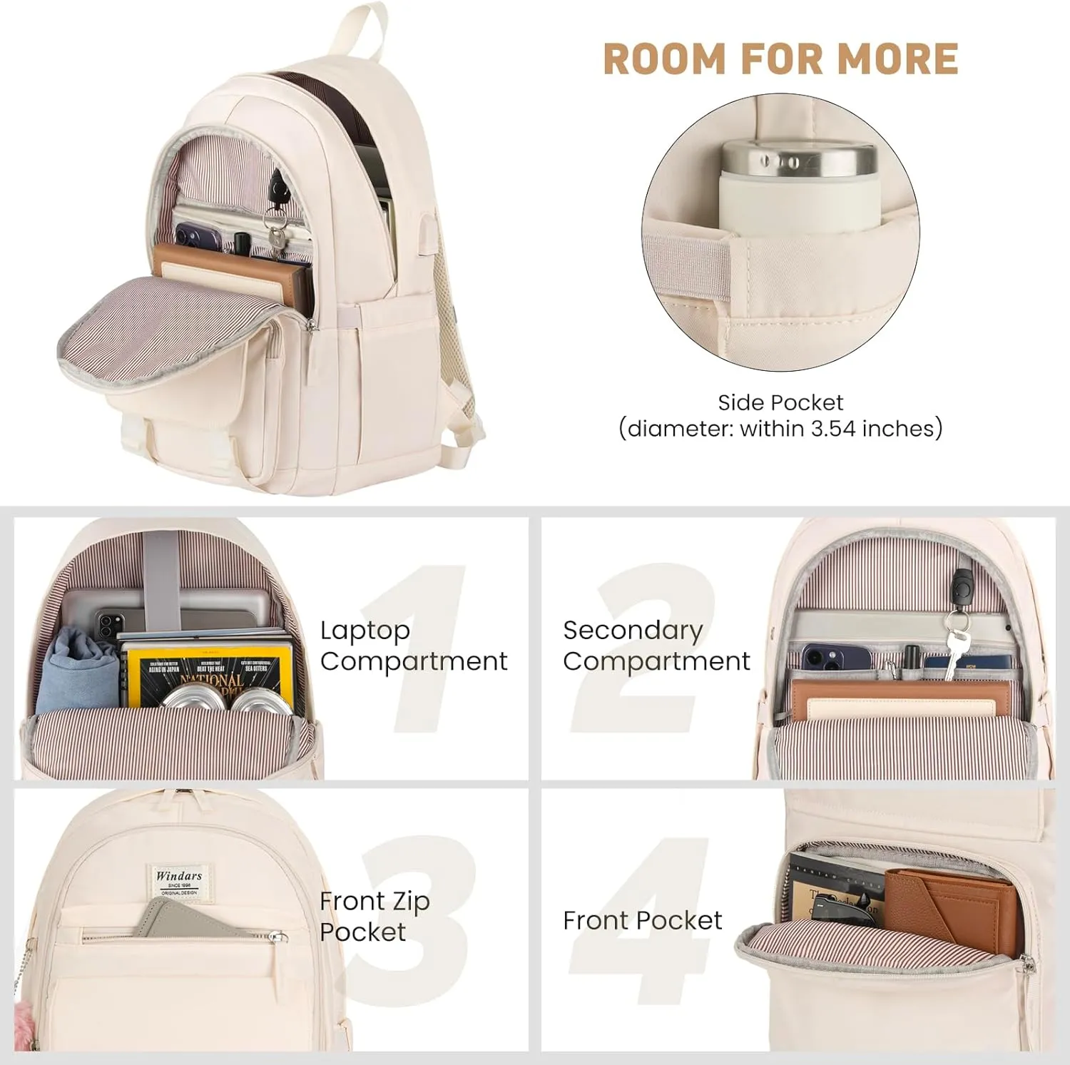 School Backpack for Teen Girls, Cute College Backpacks for Women Students Aesthetic Bookbag Large 15.6 Inch Laptop Bag Middle School Travel Back Pack (Beige)