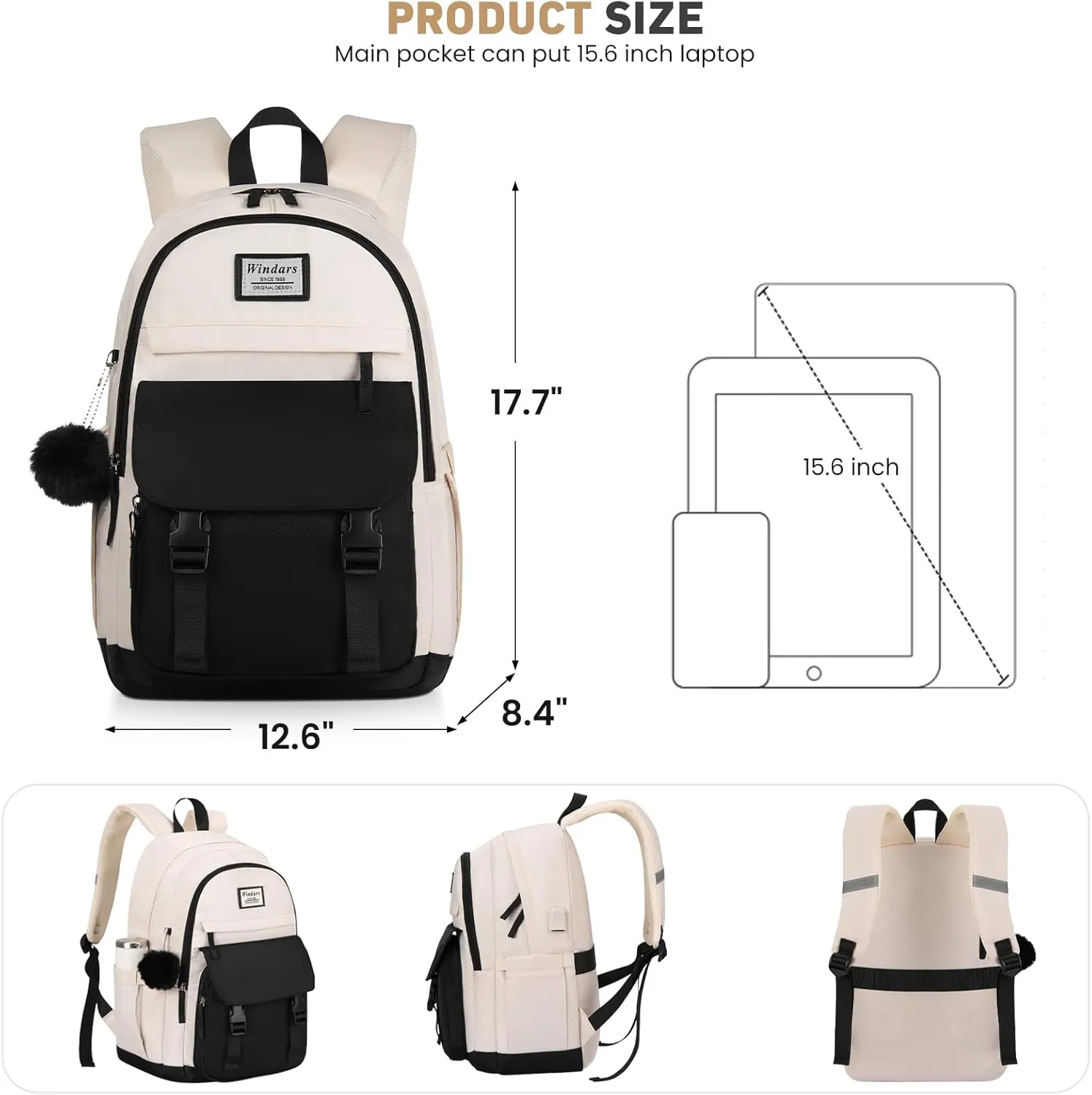 School Backpack for Teen Girls, Cute College Backpacks for Women Students Aesthetic Bookbag Large 15.6 Inch Laptop Bag Middle School Travel Back Pack (Black Beige)