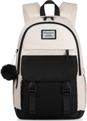 School Backpack for Teen Girls, Cute College Backpacks for Women Students Aesthetic Bookbag Large 15.6 Inch Laptop Bag Middle School Travel Back Pack (Black Beige)
