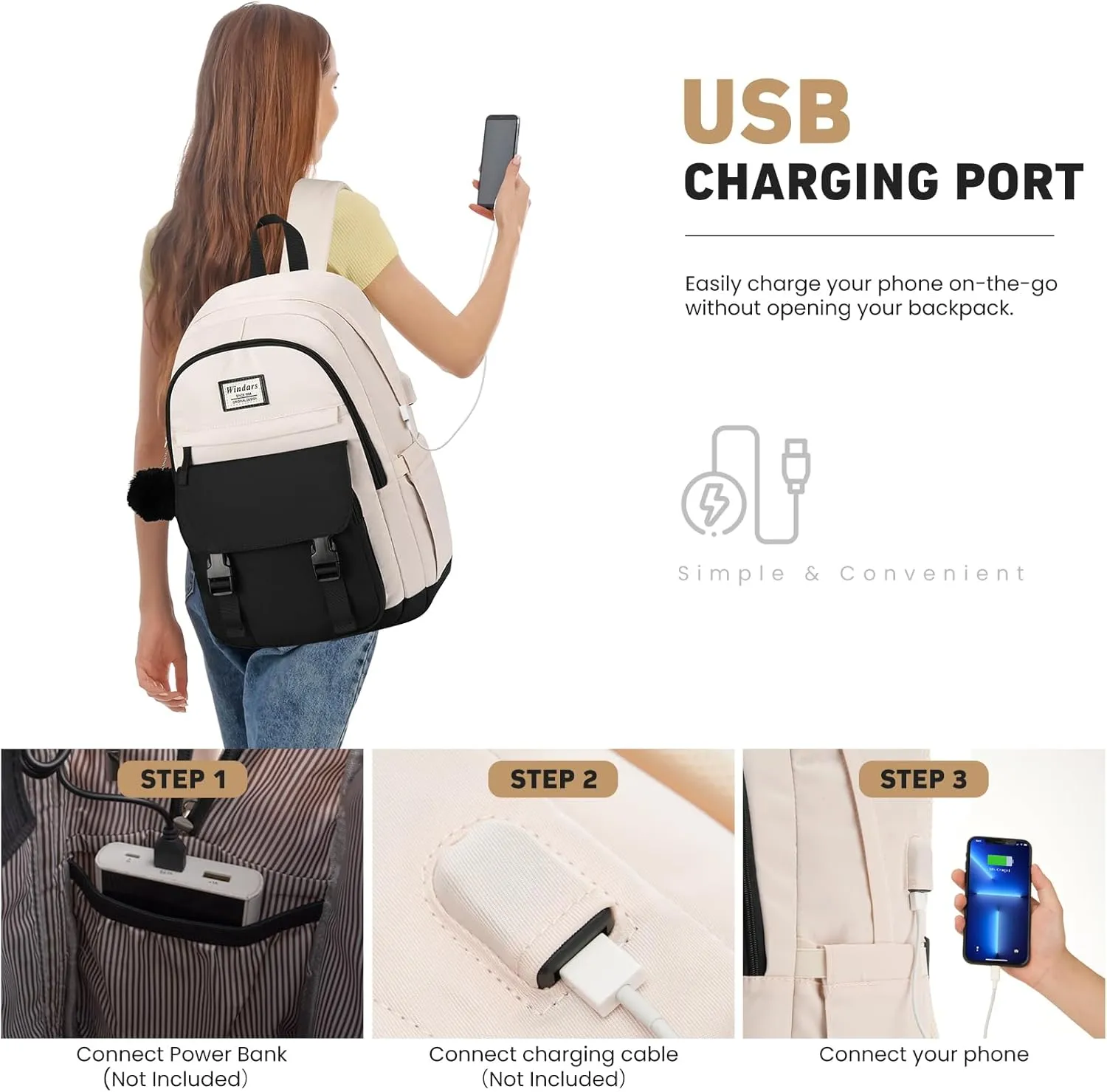 School Backpack for Teen Girls, Cute College Backpacks for Women Students Aesthetic Bookbag Large 15.6 Inch Laptop Bag Middle School Travel Back Pack (Black Beige)
