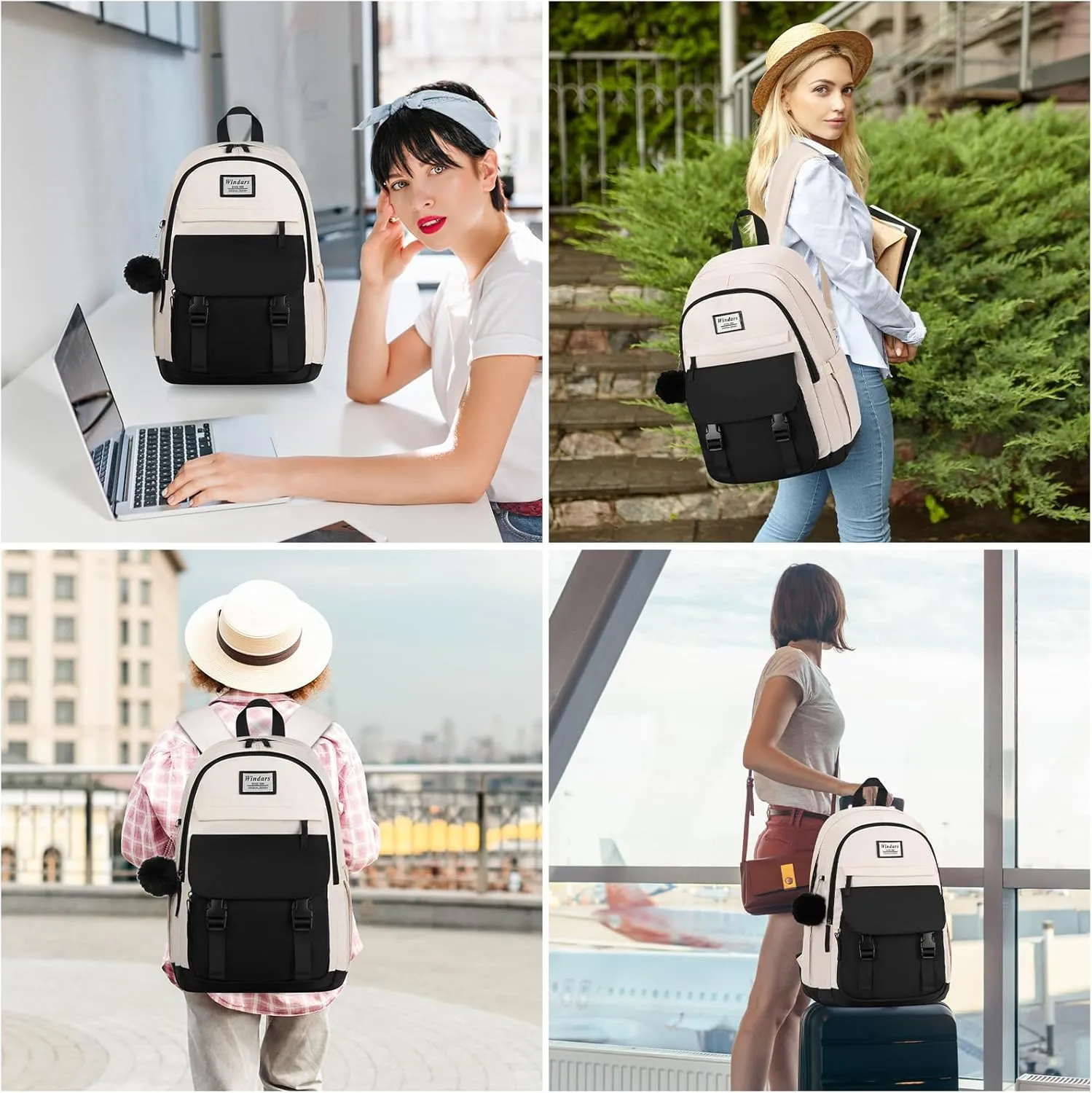 School Backpack for Teen Girls, Cute College Backpacks for Women Students Aesthetic Bookbag Large 15.6 Inch Laptop Bag Middle School Travel Back Pack (Black Beige)