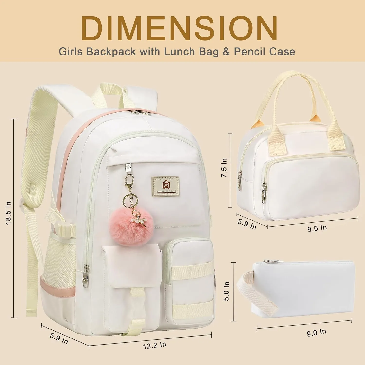 School Backpack for Teen Girls Women College Laptop Backpacks Kids Cute Bookbag Set with Lunch Box Pencil Case Elementary Middle High Campus Bag 3 Pcs Students Bookbags Sets Travel Daypack-Beige