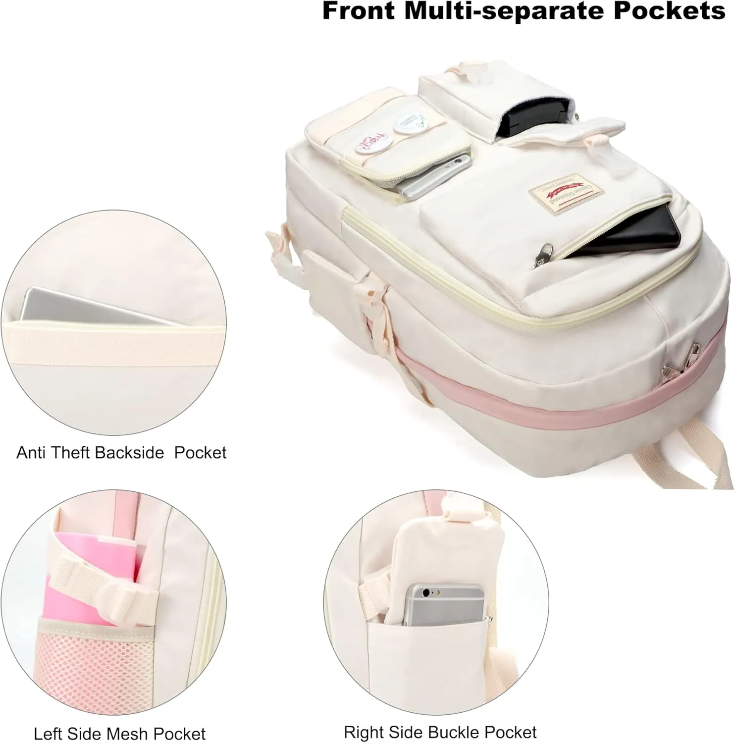 School Backpack for Teen Girls Women College Laptop Backpacks Kids Cute Bookbag Set with Lunch Box Pencil Case Elementary Middle High Campus Bag 3 Pcs Students Bookbags Sets Travel Daypack-Beige