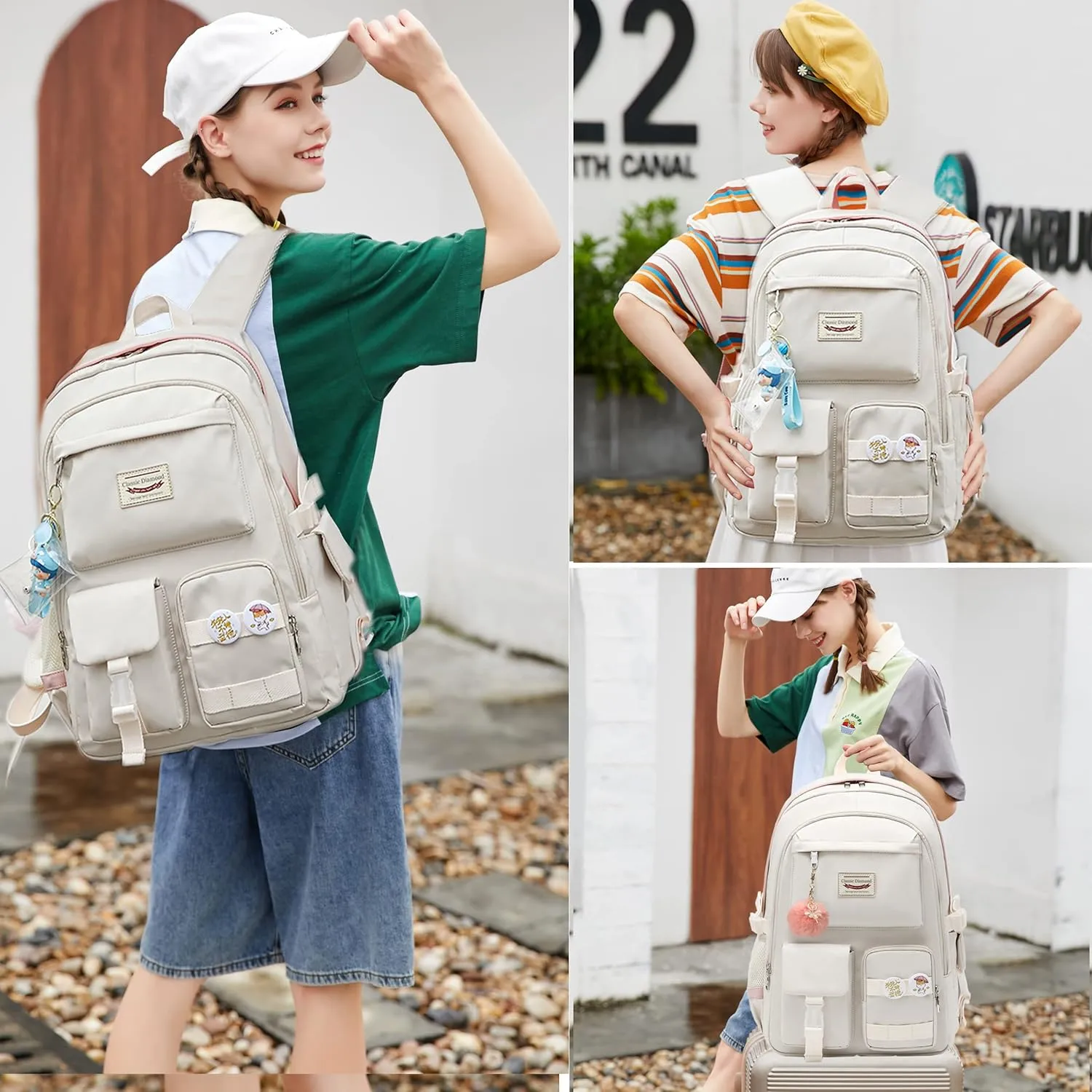 School Backpack for Teen Girls Women College Laptop Backpacks Kids Cute Bookbag Set with Lunch Box Pencil Case Elementary Middle High Campus Bag 3 Pcs Students Bookbags Sets Travel Daypack-Beige