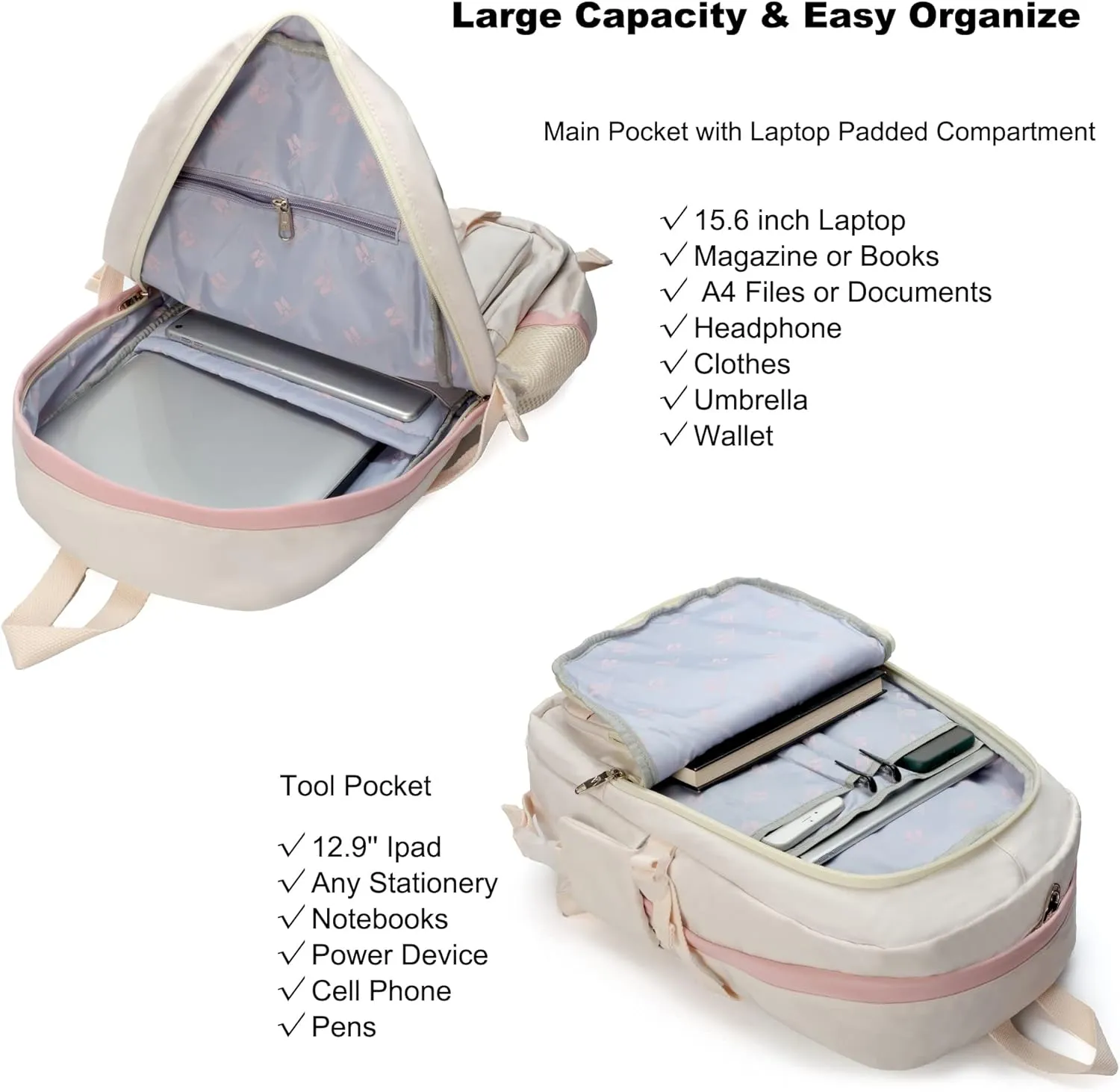 School Backpack for Teen Girls Women College Laptop Backpacks Kids Cute Bookbag Set with Lunch Box Pencil Case Elementary Middle High Campus Bag 3 Pcs Students Bookbags Sets Travel Daypack-Beige