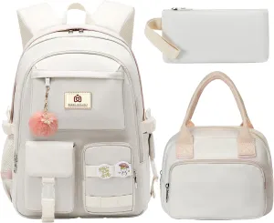 School Backpack for Teen Girls Women College Laptop Backpacks Kids Cute Bookbag Set with Lunch Box Pencil Case Elementary Middle High Campus Bag 3 Pcs Students Bookbags Sets Travel Daypack-Beige