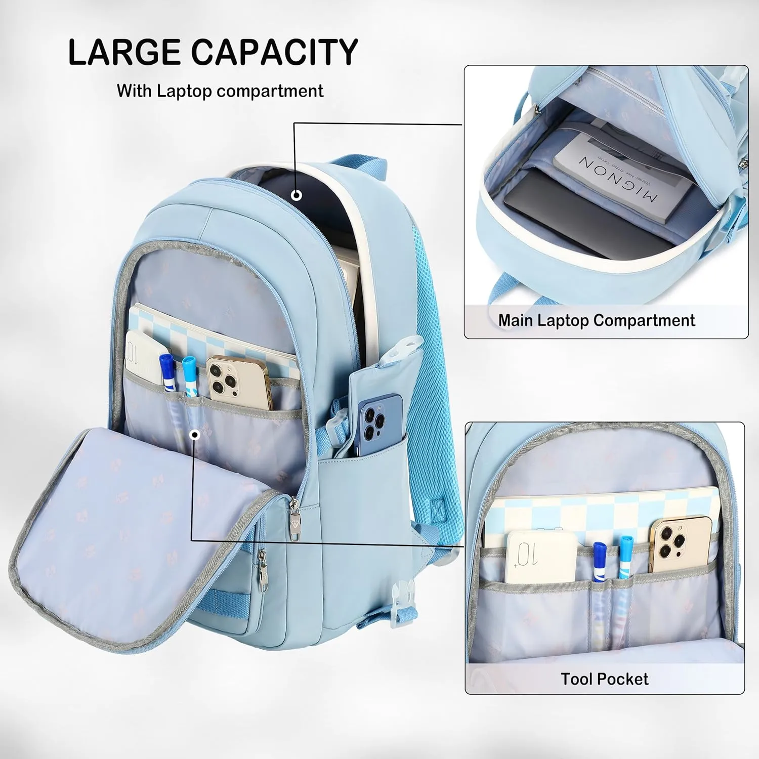 School Backpack for Teen Girls Women College Laptop Backpacks Kids Cute Bookbag Set with Lunch Box Pencil Case Elementary Middle High Campus Bag 3 Pcs Students Bookbags Sets Travel Daypack-Blue