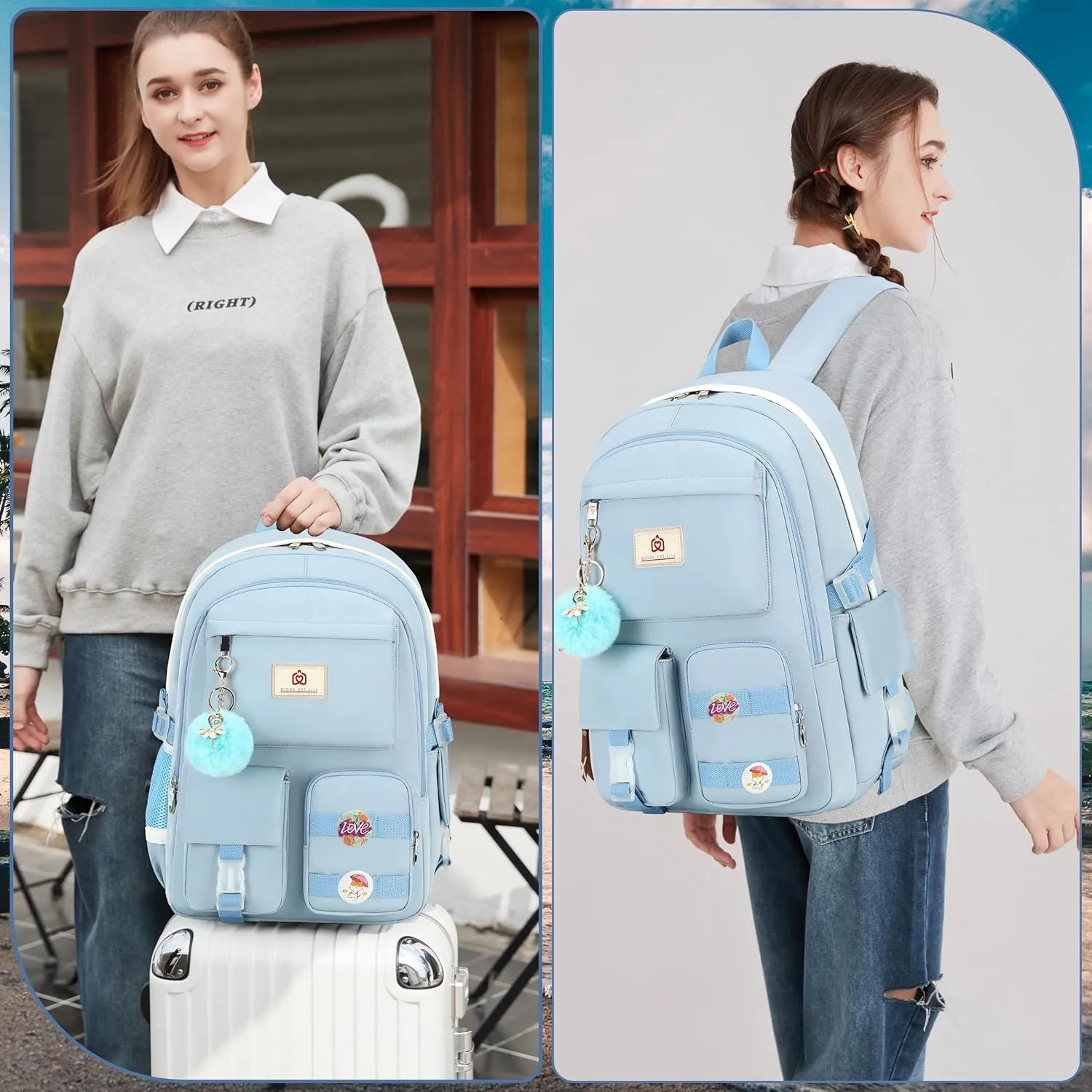 School Backpack for Teen Girls Women College Laptop Backpacks Kids Cute Bookbag Set with Lunch Box Pencil Case Elementary Middle High Campus Bag 3 Pcs Students Bookbags Sets Travel Daypack-Blue