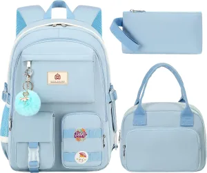 School Backpack for Teen Girls Women College Laptop Backpacks Kids Cute Bookbag Set with Lunch Box Pencil Case Elementary Middle High Campus Bag 3 Pcs Students Bookbags Sets Travel Daypack-Blue