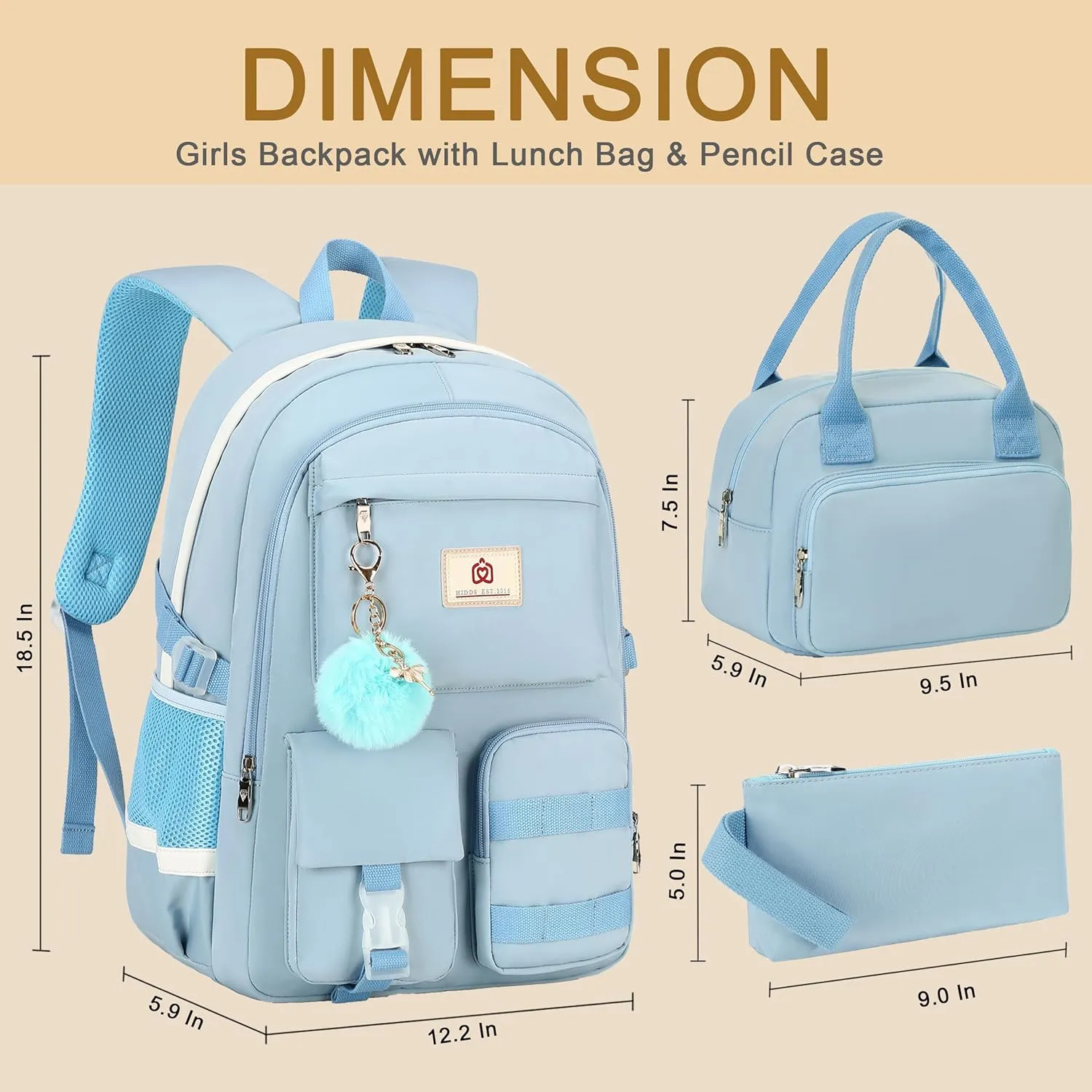 School Backpack for Teen Girls Women College Laptop Backpacks Kids Cute Bookbag Set with Lunch Box Pencil Case Elementary Middle High Campus Bag 3 Pcs Students Bookbags Sets Travel Daypack-Blue