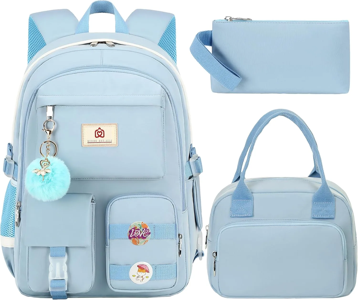 School Backpack for Teen Girls Women College Laptop Backpacks Kids Cute Bookbag Set with Lunch Box Pencil Case Elementary Middle High Campus Bag 3 Pcs Students Bookbags Sets Travel Daypack-Blue