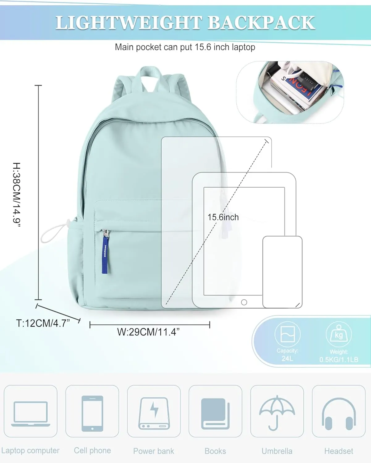 School Backpack for Teen Girls,Simple School Book Bag Waterproof High School Backpack for Boy Middle Student Bookbag College Backpack for Women Men Casual Daypack Travel Aesthetic Backpacks Green