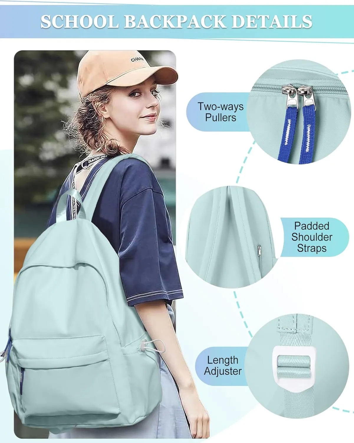 School Backpack for Teen Girls,Simple School Book Bag Waterproof High School Backpack for Boy Middle Student Bookbag College Backpack for Women Men Casual Daypack Travel Aesthetic Backpacks Green