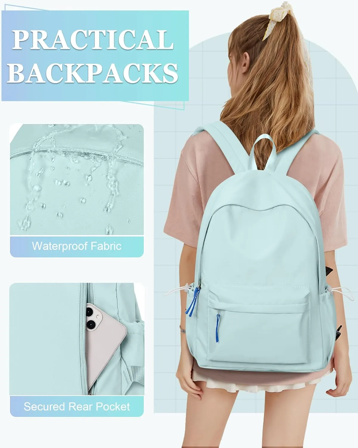 School Backpack for Teen Girls,Simple School Book Bag Waterproof High School Backpack for Boy Middle Student Bookbag College Backpack for Women Men Casual Daypack Travel Aesthetic Backpacks Green