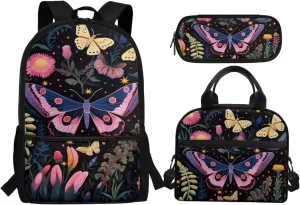 School Backpack Girls 8-10 Butterfly 3 Piece School Bags Set with Lunchbox Pencil Case Teens Middle School Large Bookbag Student Hiking Camping Backpacks Daycare Bag for High School