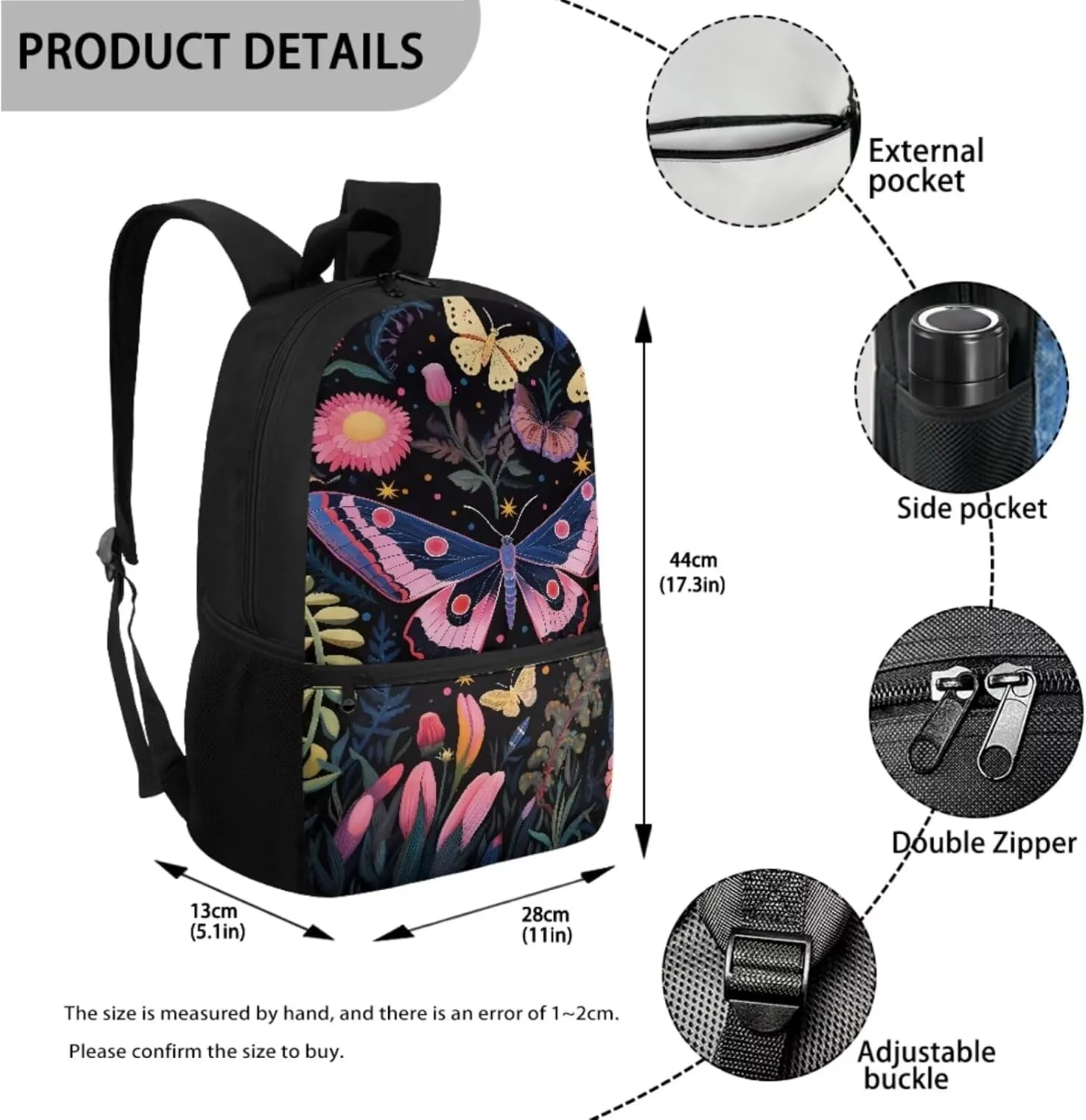 School Backpack Girls 8-10 Butterfly 3 Piece School Bags Set with Lunchbox Pencil Case Teens Middle School Large Bookbag Student Hiking Camping Backpacks Daycare Bag for High School